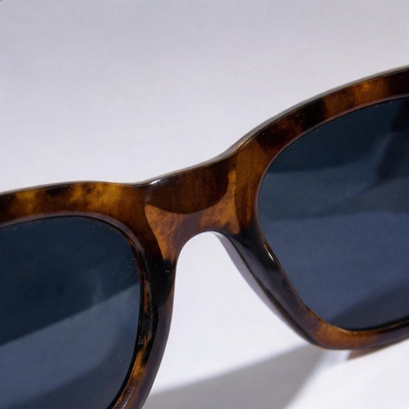 Close-up of a pair of Bobotails leopard sunglasses with a glossy brown tortoiseshell frame and dark blue-gray lenses, shown on a light gray background.