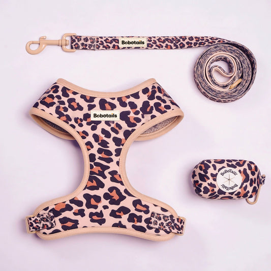 A pet gear set laid out on a light pink background, including a leopard-print harness, matching leash, and small matching pouch. The harness and leash have a beige base with black and brown leopard spots, and the brand name BoboTails is visible on the labels.