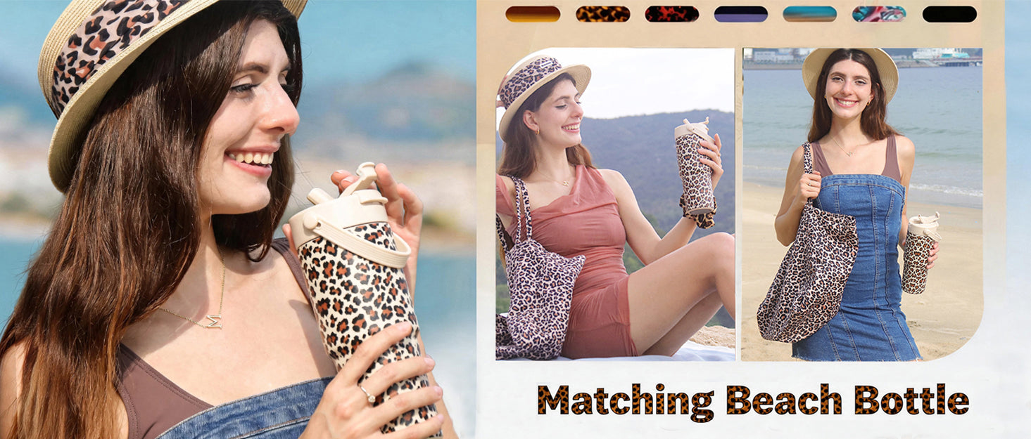A collage showing a woman at the beach wearing a leopard-print straw hat and holding a matching bobotails leopard-print beach bottle, with two smaller inset photos of the same outfit and product. Text at the bottom reads 'Matching Beach Bottle.