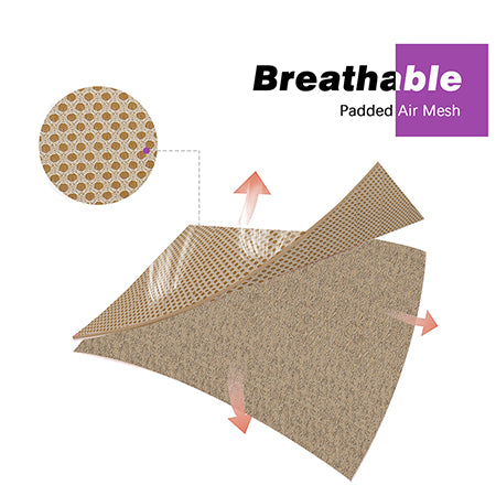 A product diagram showing a beige padded air mesh material with arrows indicating breathability, plus a circular inset of the mesh pattern and text reading 'Breathable Padded Air Mesh' on a white background.