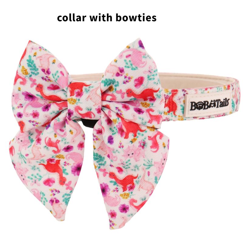 dinosaur printed bow tie collar dog as part of a complete dog and owner matching accessory set