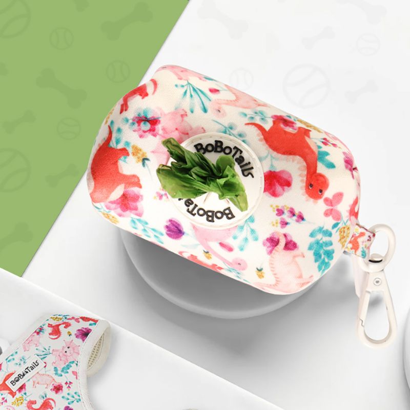 dinosaur printed small trash bag matching the harness and owner accessories for daily dog walks