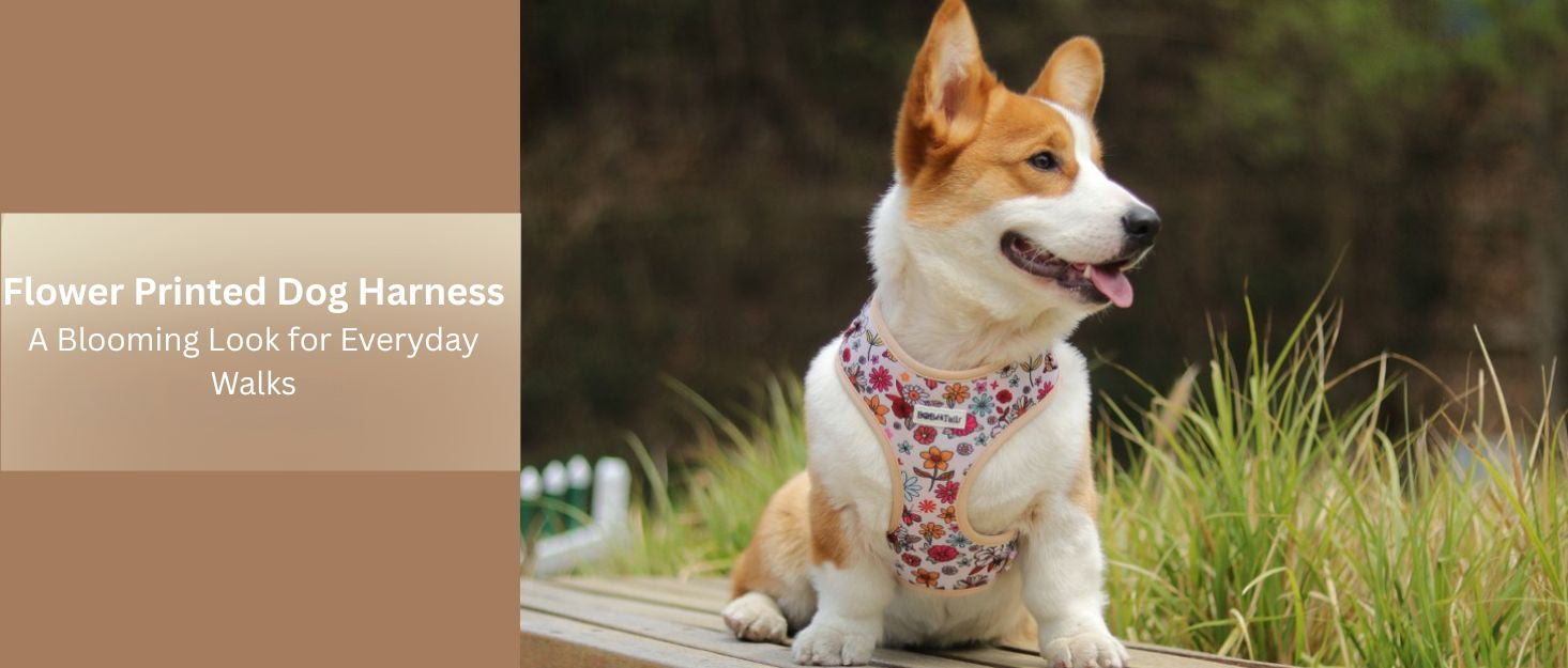 flower printed dog vests and harnesses matching dog and owner accessories designed as one coordinated system