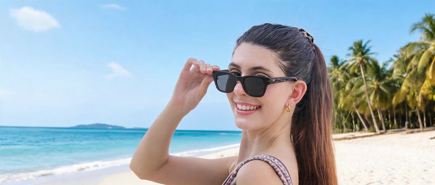 A woman on a sunny beach wearing Bobotails leopard sunglasses, matching leopard print dog harness leash set for dog lovers
