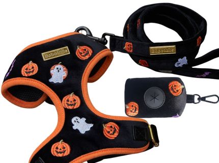 Halloween-themed dog harness and leash set with pumpkins and ghosts on a black background-BOBOTAILS