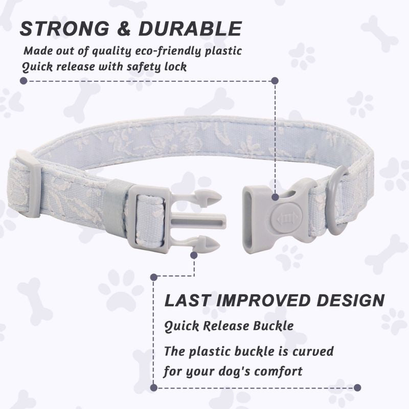 morning glory blue cute dog collars for females designed to match the harness and owner accessories in a coordinated system