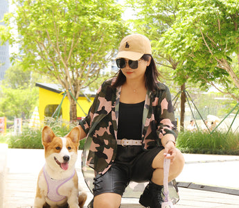 Dog mom outdoors with a Corgi wearing a small dog harness and leash