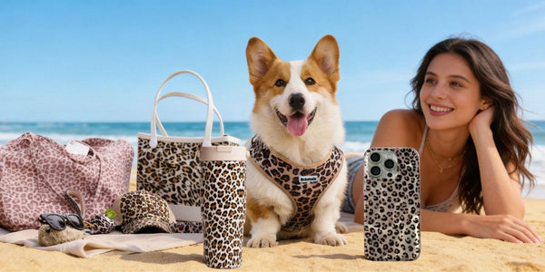 Bobotails Leopard Beach Collection — matching dog harness and owner accessories for beach lifestyle