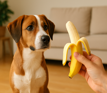 a dog looking at banana