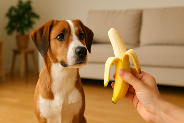 a dog looking at banana
