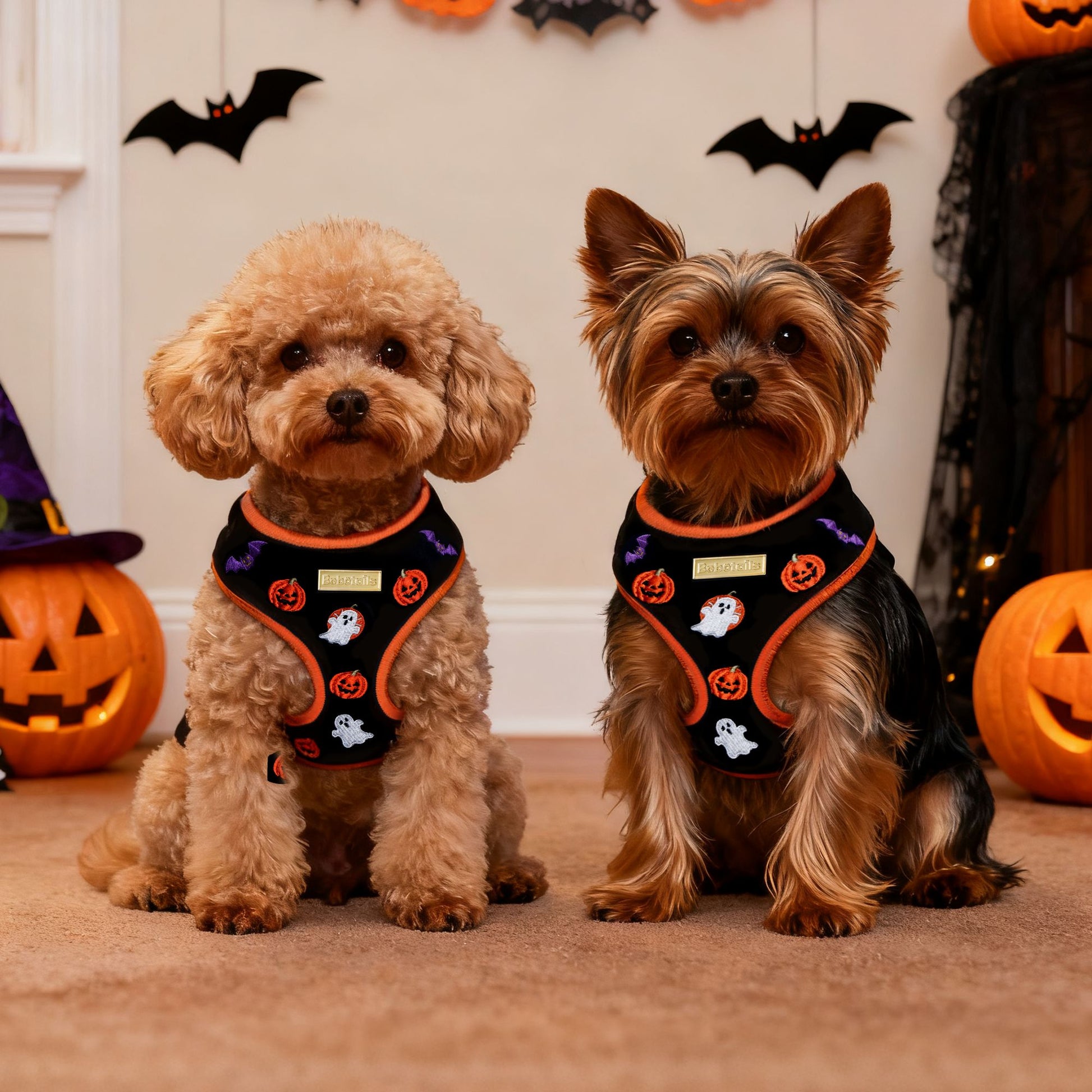 Two dogs wearing Halloween-themed harnesses in a decorated room with pumpkins and bats.