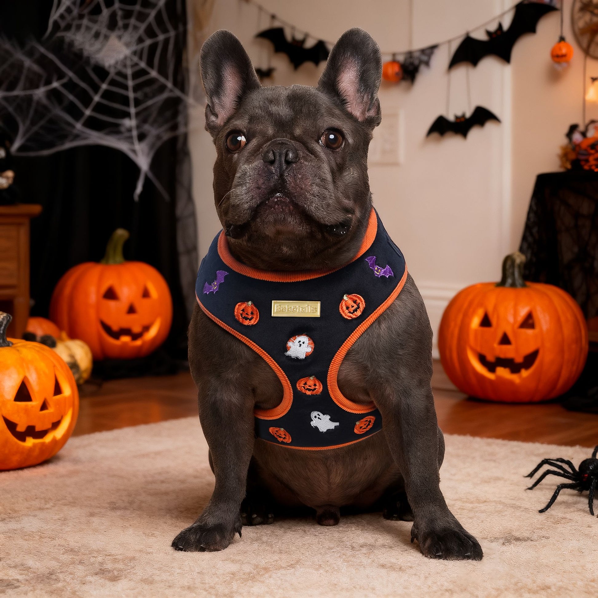Dog wearing a Halloween-themed harness with pumpkins and ghosts in a decorated room-BOBOTAILS