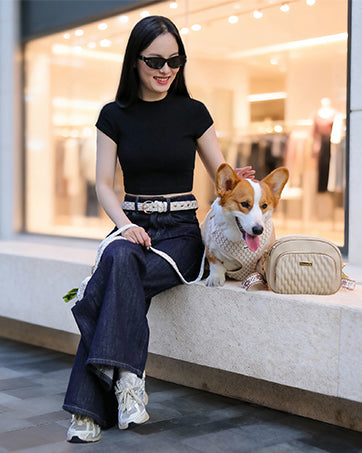 Bobotails floral brilliance modern pet parent lifestyle from  matching dog harness leash set,matching woman belt and dog walking bag