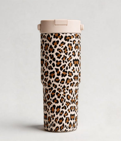Tumbler with leopard print to matching dog harness and owner accessories