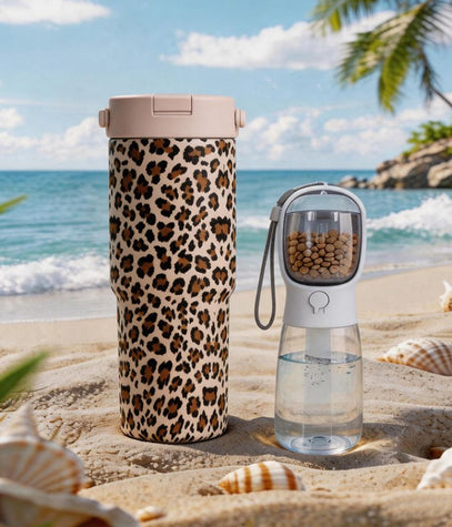 Leopard print thermos cup matching dog  harness leash set  and dog portable bottle