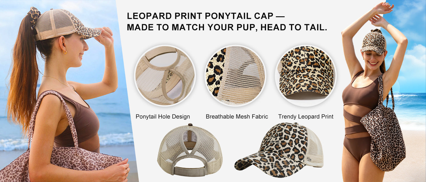 a women is wearing matching dog harness leopard print collection baseball cap ,tote bag and leopard hairtier