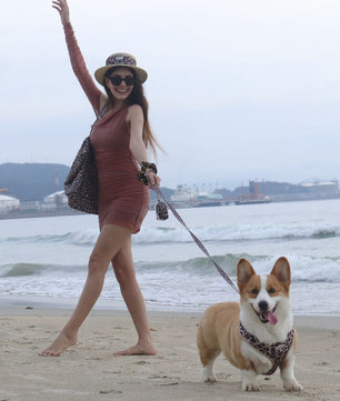 A woman in a rust-colored mini dress and patterned hat walks barefoot on a sandy beach with a corgi on a matching patterned leash and harness.