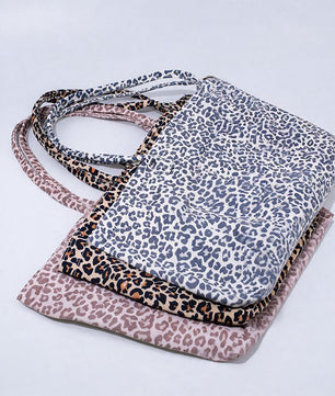 Bobotails leopard tote bag for dog lovers featuring a stylish designer print for everyday outings and beach adventures.