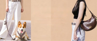 A split lifestyle image showing a brown crescent-shaped shoulder bag worn by a woman on the right, and a matching Bobotails leopard dog harness and leash with a corgi on the left. Both items feature a leopard-print pattern and a gold-tone logo on the strap.