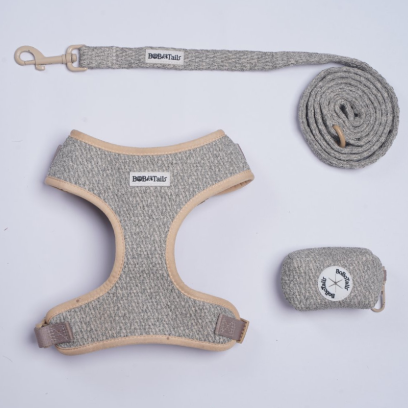 Chunky knitted Dog harness, leash, and  matching dog poop bag holder 