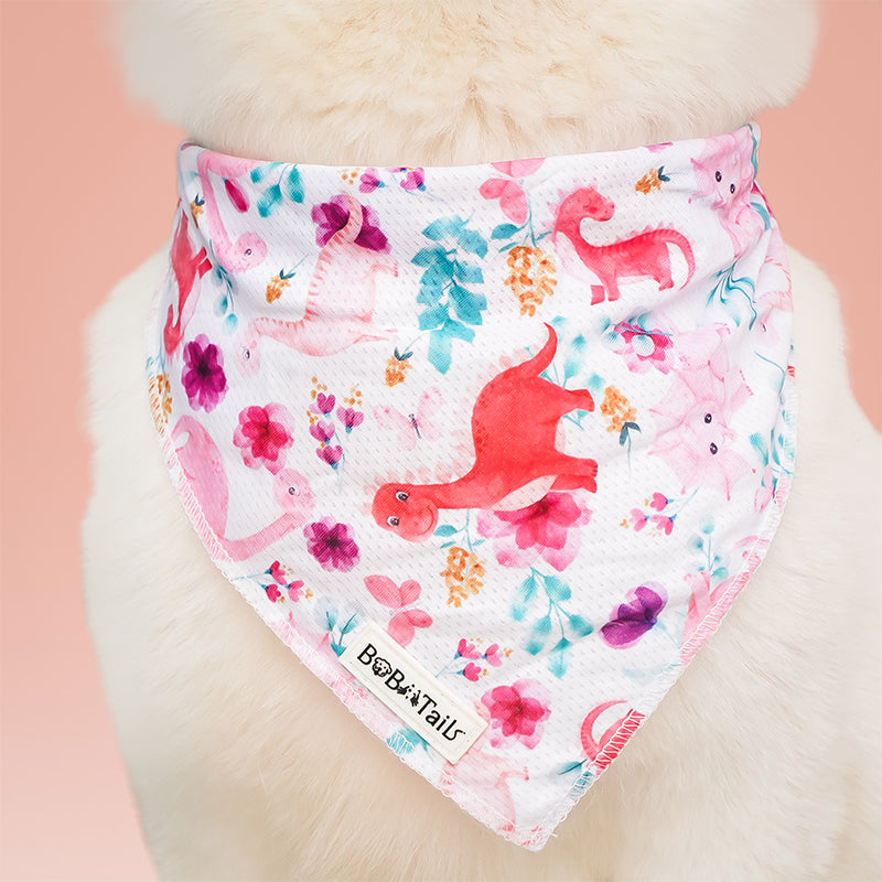 dinosaur printed bandana on a pet with a pink background