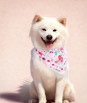 White dog wearing a dinosaur printed bandana on a pink background