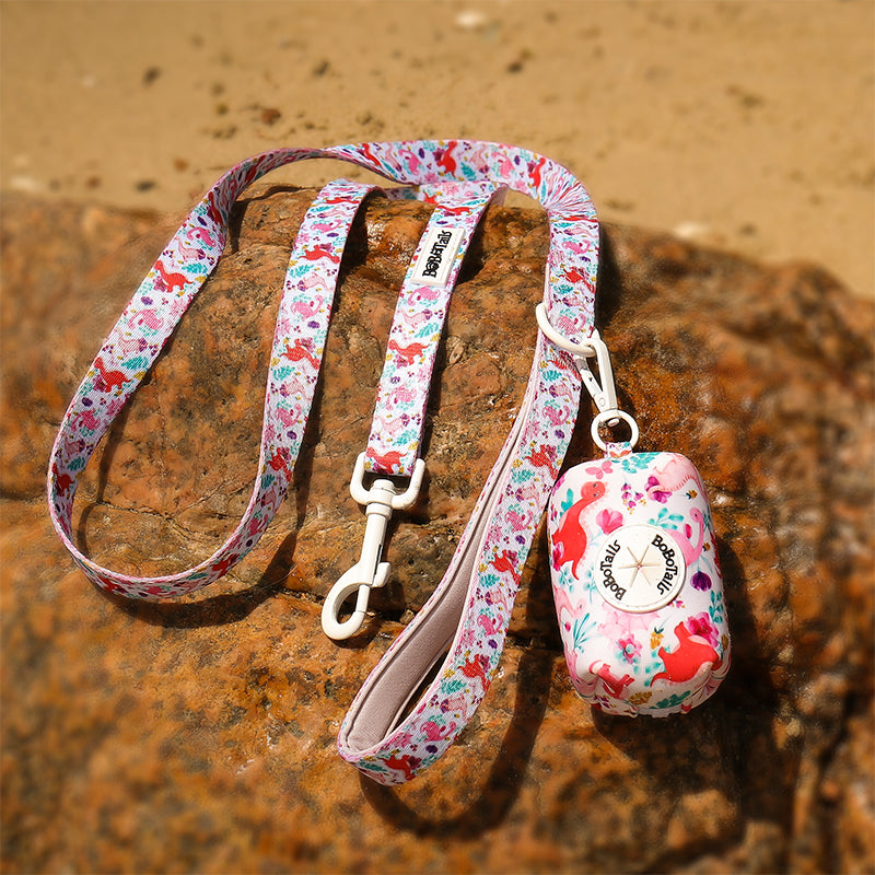 dinosaur printed trash bag holder dispenser matching the  harness and owner accessories for daily dog walks