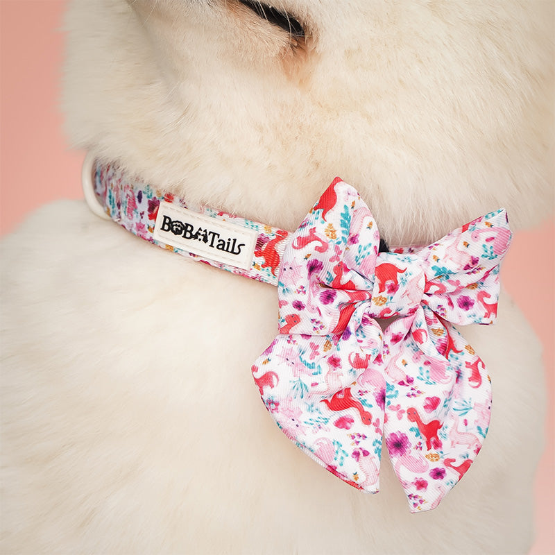 Dinosaur Printed bow tie dog collar small designed to match the harness and owner accessories in a coordinated system