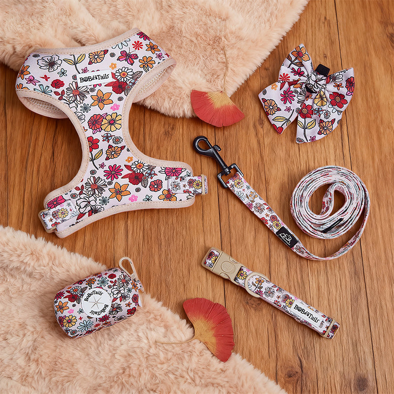 Floral-patterned pet harness, leash, and collar on a wooden surface with fluffy cushions.