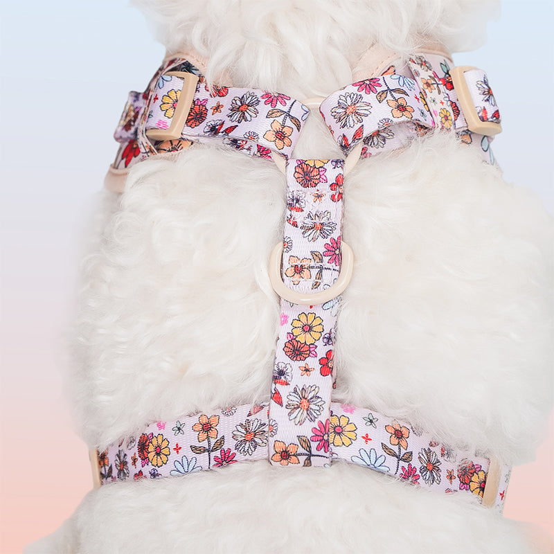 Flower Printed best dog harness to stop pulling side view of leopard dog harness showing fit and comfort within a coordinated dog and owner matching system  