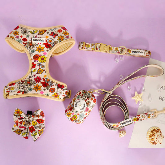 Flower Printed dog harness and leash set  as part of a complete dog and owner matching accessory set