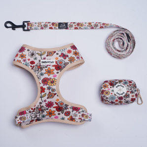 Flower Printed dog harness and leash set  as part of a complete dog and owner matching accessory set