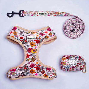 Harnais imprimé fleurs, laisse et pochette pour sacs à crottes