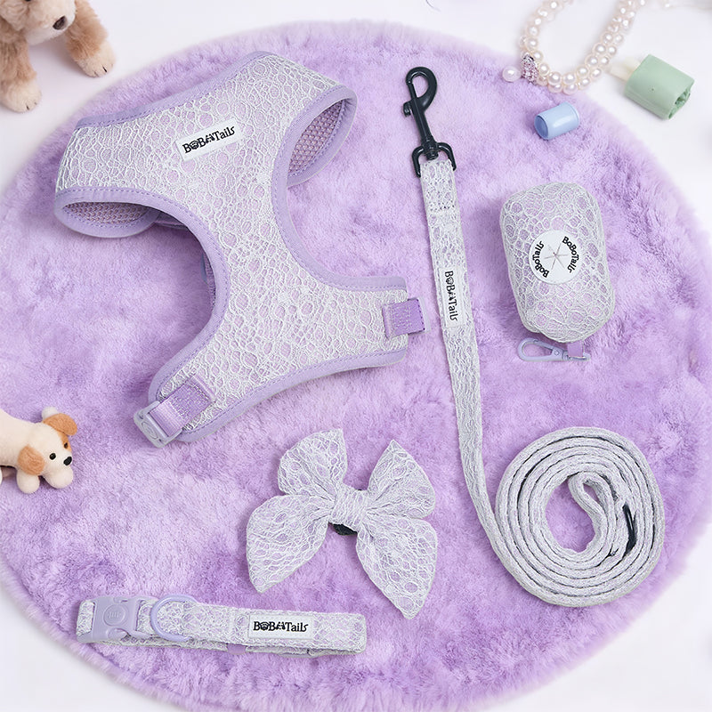 lavender lace complete set include Dog harness, leash, bowties,collar