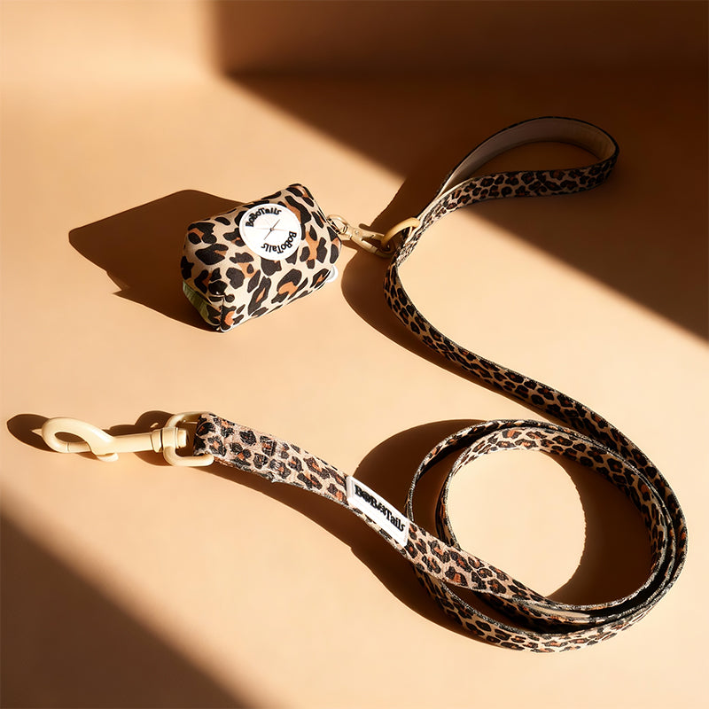 Leopard print dog leash and collar set on a beige background