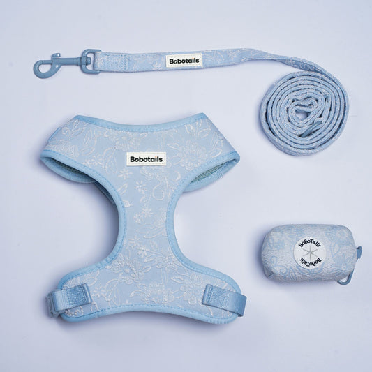 A light blue patterned pet harness, matching leash, and a small zippered storage pouch with Boboatois branding, arranged on a clean white background.