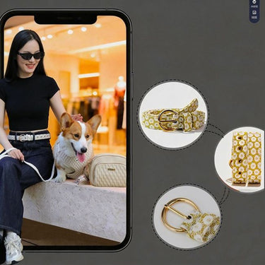 Phone screen showing a woman with a dog and three belt buckles on a gray background