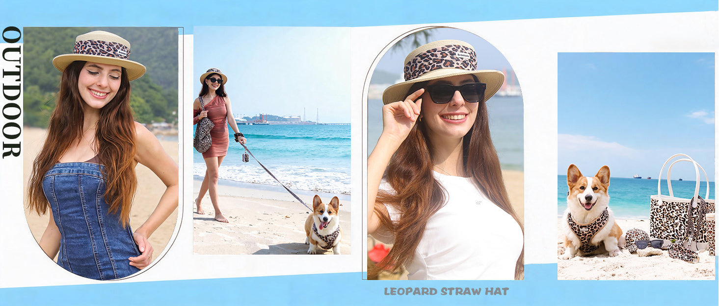 A promotional collage for a leopard-print straw hat, featuring a woman and a dog on a beach in multiple circular and rectangular panels. The text 'OUTDOOR' appears on the left, and 'LEOPARD STRAW HAT' is written at the bottom.