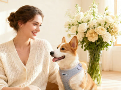 a dog wearking Bobotails brand chunky knit dog harness matching owner  in style