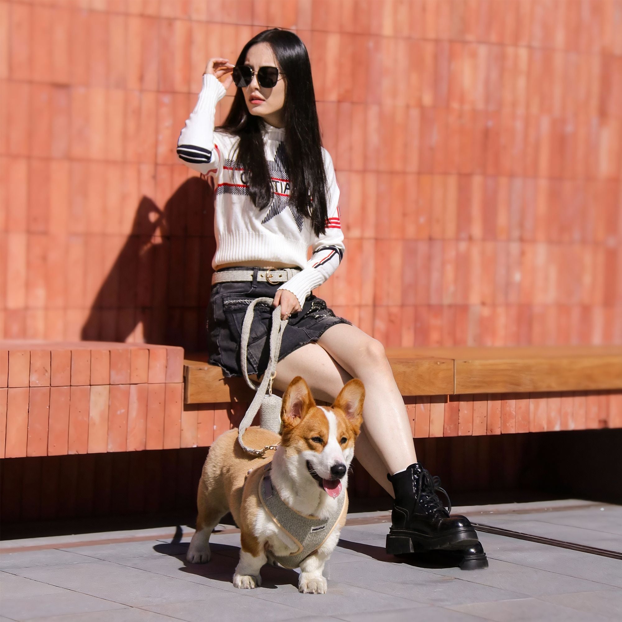 chunky knitted woman belt  designed to coordinate with dog harness and accessories as part of a matching system