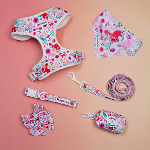 Dog harness, leash, bandana, and other accessories with floral pattern on a pink background