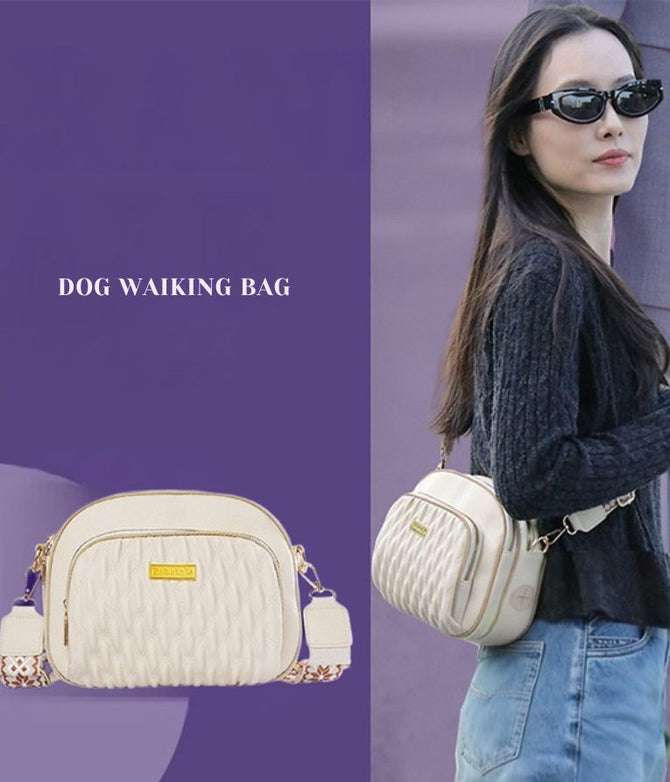 Beige quilted dog walking bag with a woman wearing sunglasses and a dark sweater on a purple background.