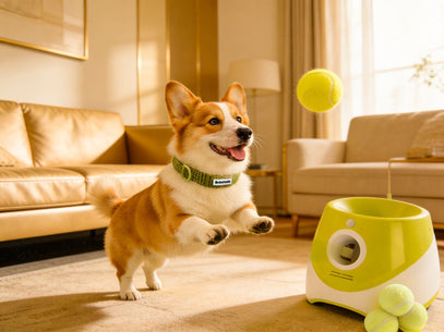 Dog playing with a toy in a living room