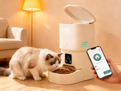 Cat eating from a smart pet feeder with a smartphone app in a cozy living room.