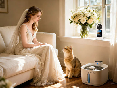 Woman in a wedding dress sitting on a couch with a cat, next to a pet water fountain and pet camera .