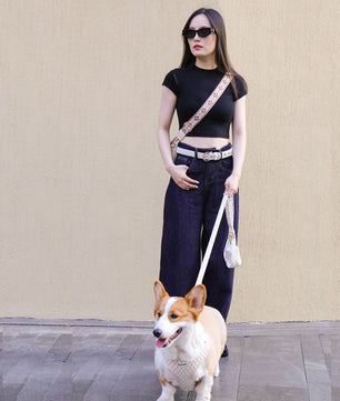 Bobotails floral briliance dog harness,dog leash,dog poop bag holder and dog walking bag  designed as part of a matching dog and owner accessory system for everyday walks