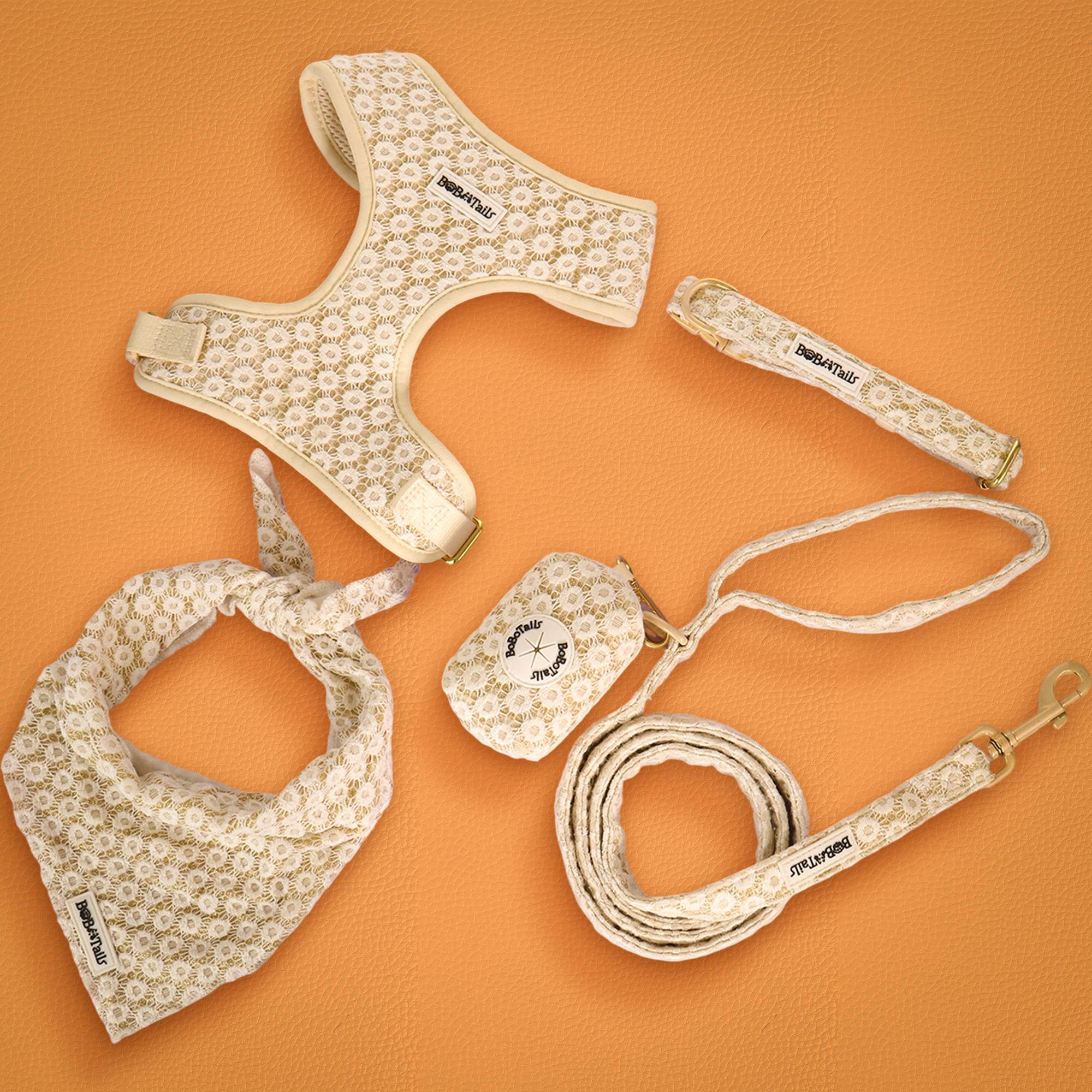 floral brilliance embroideried Dog harness, leash, and bandana and dog collar set 