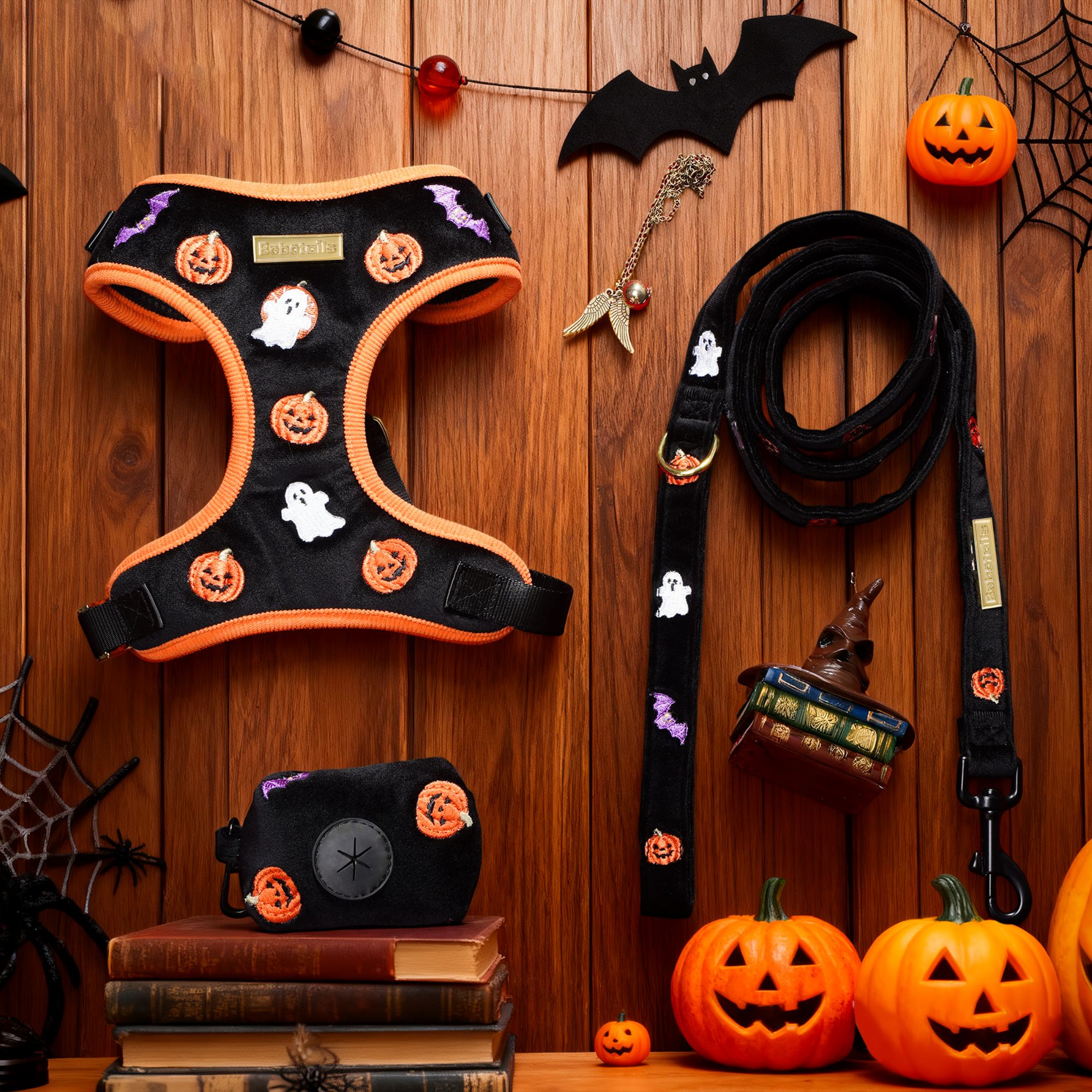 Halloween-themed dog harness and leash set on a wooden background with pumpkins and bats-BOBOTAILS