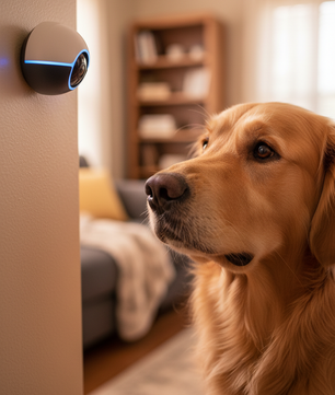 Dog finding comfort and reassurance through voice interaction with pet camera