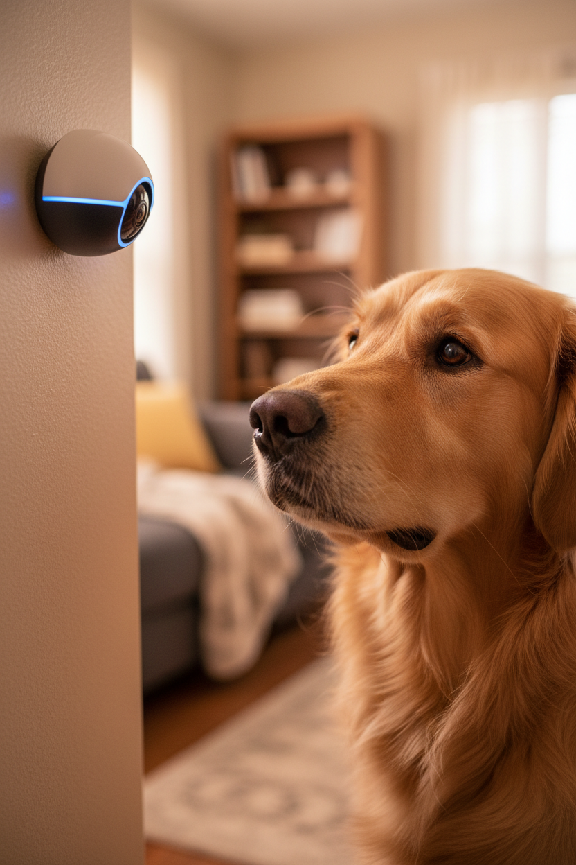 Dog finding comfort and reassurance through voice interaction with pet camera